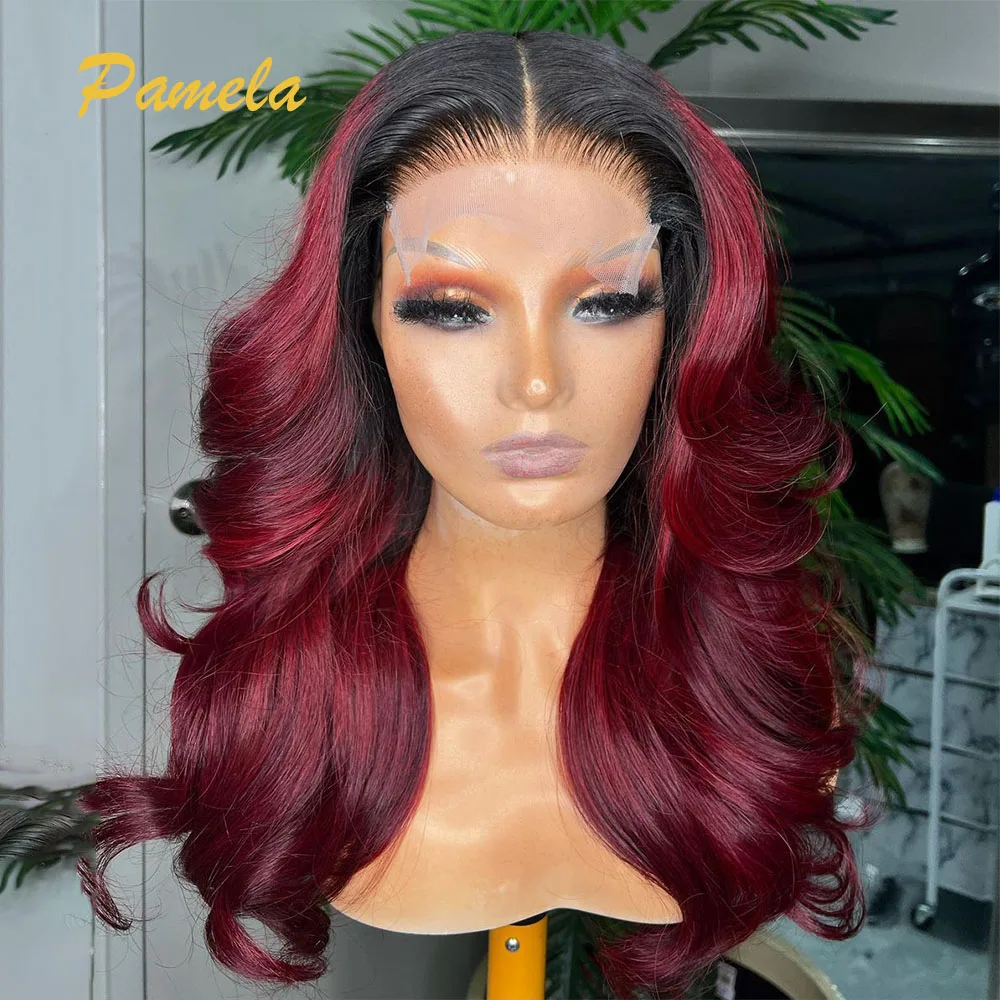 Peruca sem cola com frente de renda transparente, cabelo humano pré arrancado, onda corporal colorida, Ombre 1B, 99j, 13x6 HD, pronto para ir