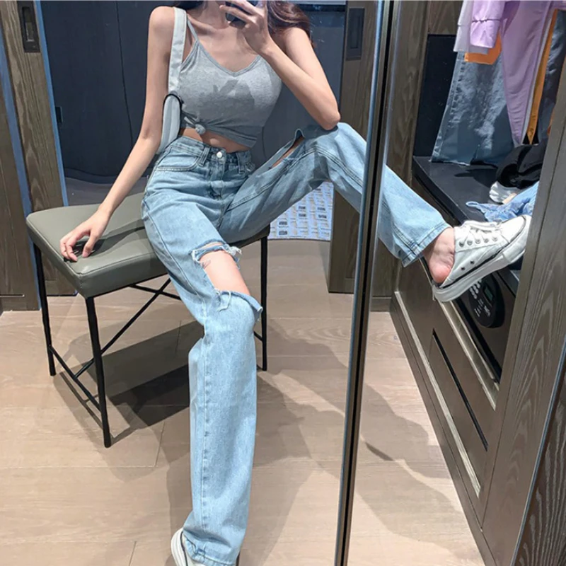 

Varofi 2022 spring women's ripped jeans high waist loose straight pants wide pants the side hole jeans Y2K high street jeans