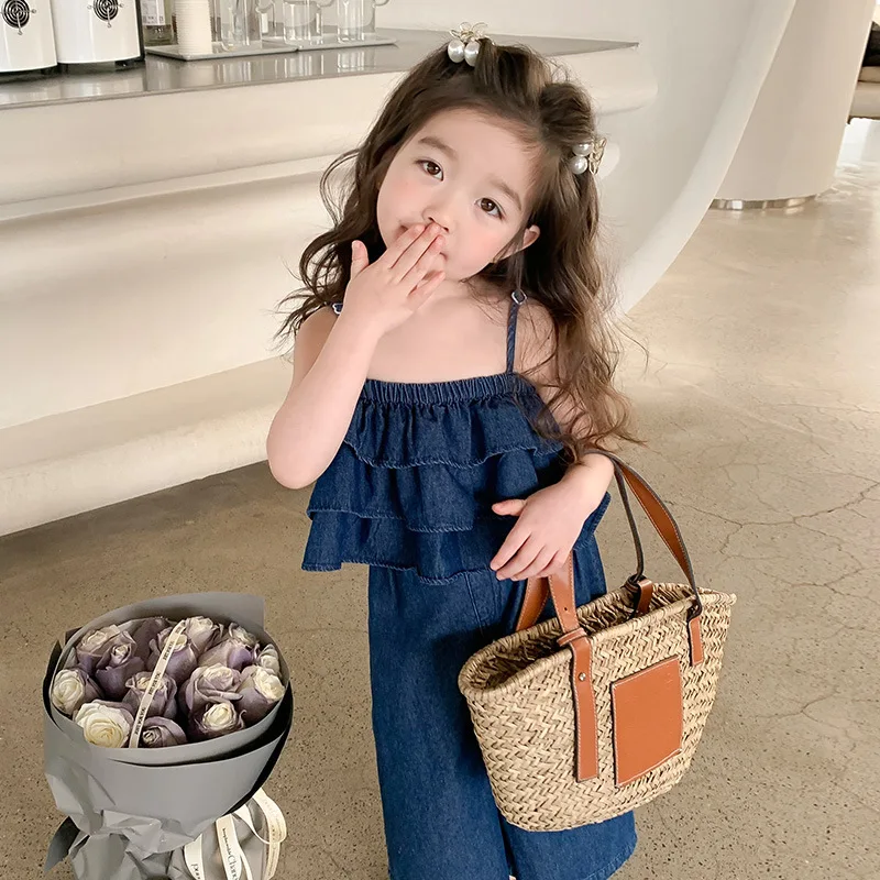 

Girls Denim Suspender Set 2025 Summer New Foreign Fashionable Children's Clothing Girls Casual Two-piece Set Trendy