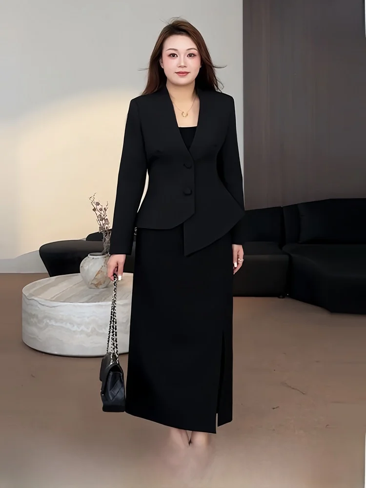 

Костюмный комплект для женщин больших размеров: пиджак и юбка, асимметричные расклешенные брюки, осенне-зимний, с высокой талией, длинный рукав, V-образный вырез, модный ансамбль