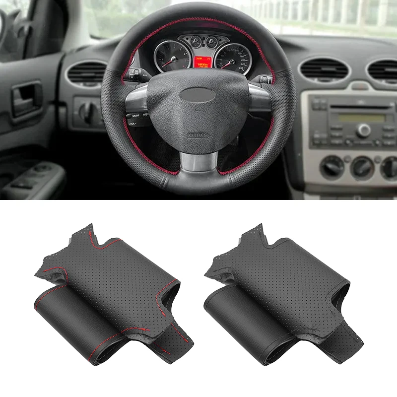 For Ford Focus 2 2005 2006 2007 2008 2009 2010 2011 (3-Spoke) Hand Stitched Car Steering Wheel Cover Perforated Leather Trim