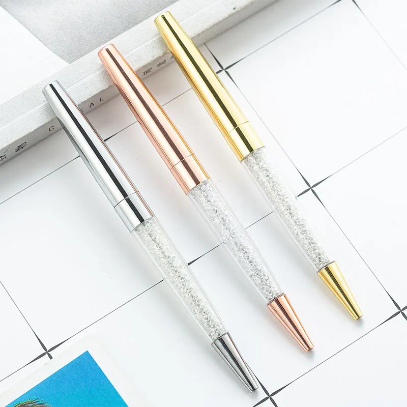 10Pcs Rose Gold Pen Bling Diamond Pens Fine Black Ink Crystal Ballpoint Pen Ring Wedding Office Metal Roller Ball Pen Gift