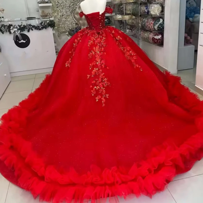 

Изысканное красное женское платье для свадьбы и торжеств, бальное платье с кружевной аппликацией, хрустальными оборками и шлейфом, для девочек 15-16 лет, на заказ, для квинсеаньеры