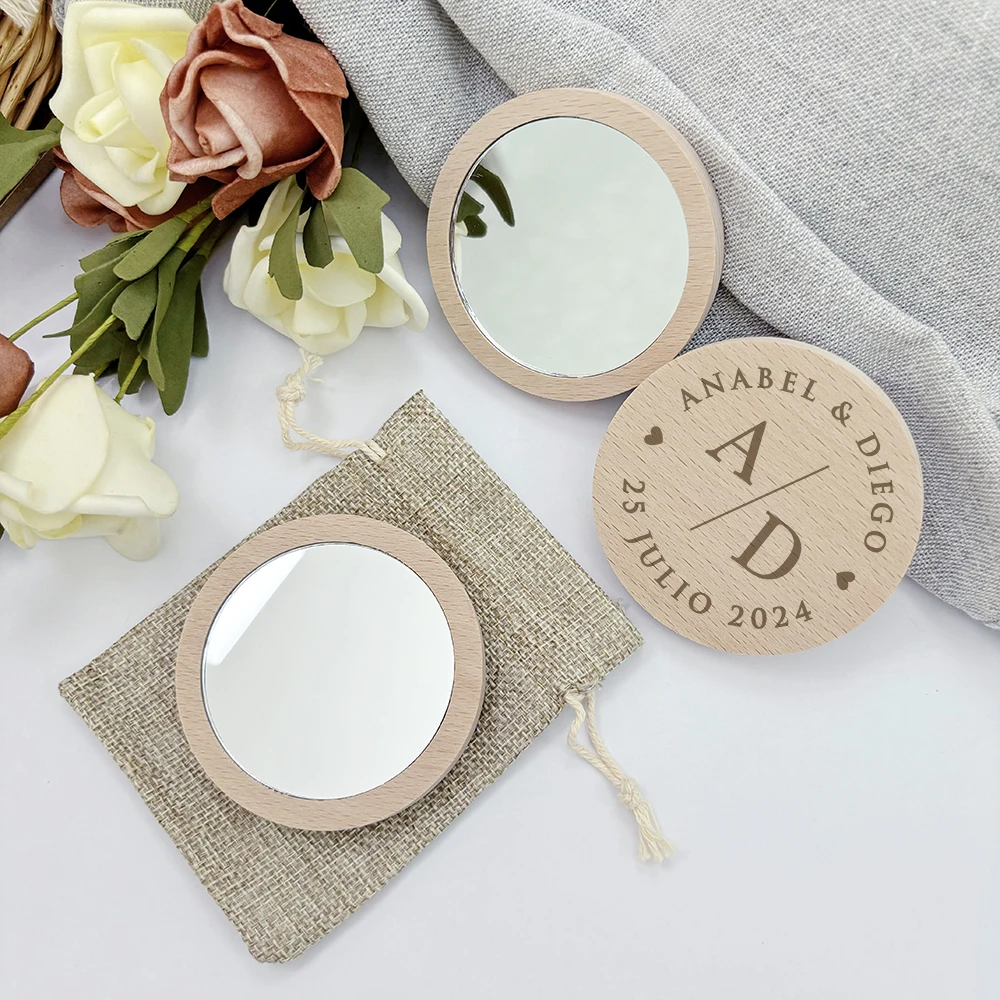 مرايا مكياج خشبية مخصصة هدايا تذكارية لحفلات الزفاف للضيوف مرآة جيب مخصصة مع حقيبة هدايا