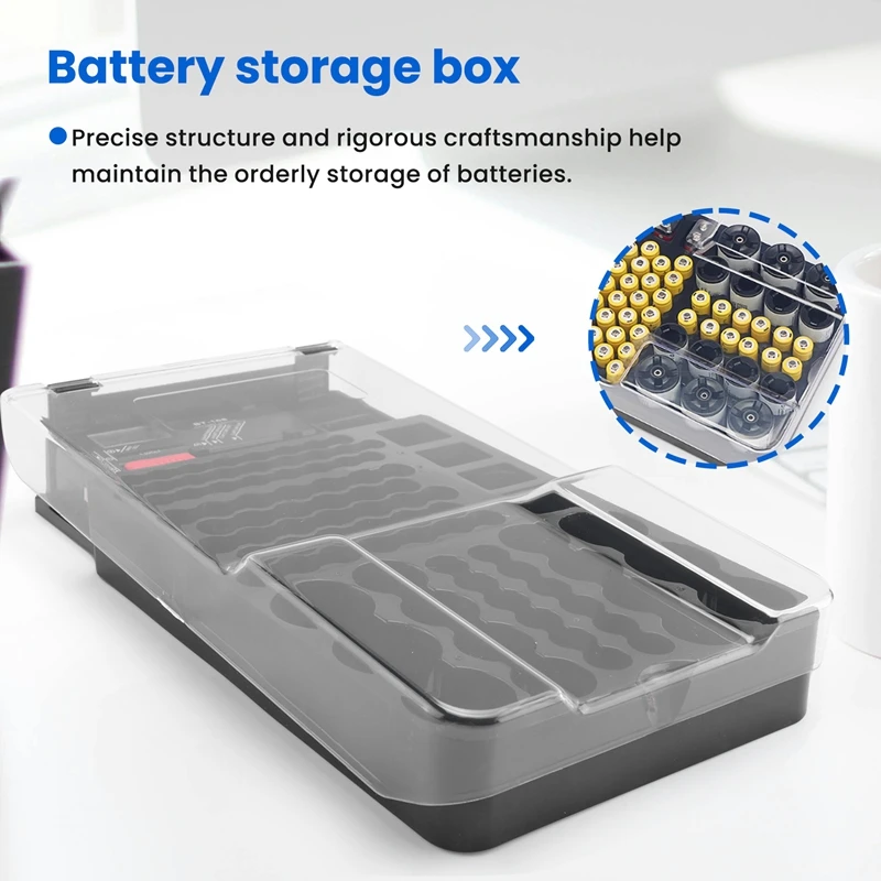 the Battery Storage Case,Organizer with Hinged Clear Cover, with Battery Tester, Holds 93 Batteries Various Sizes, Black-A22U