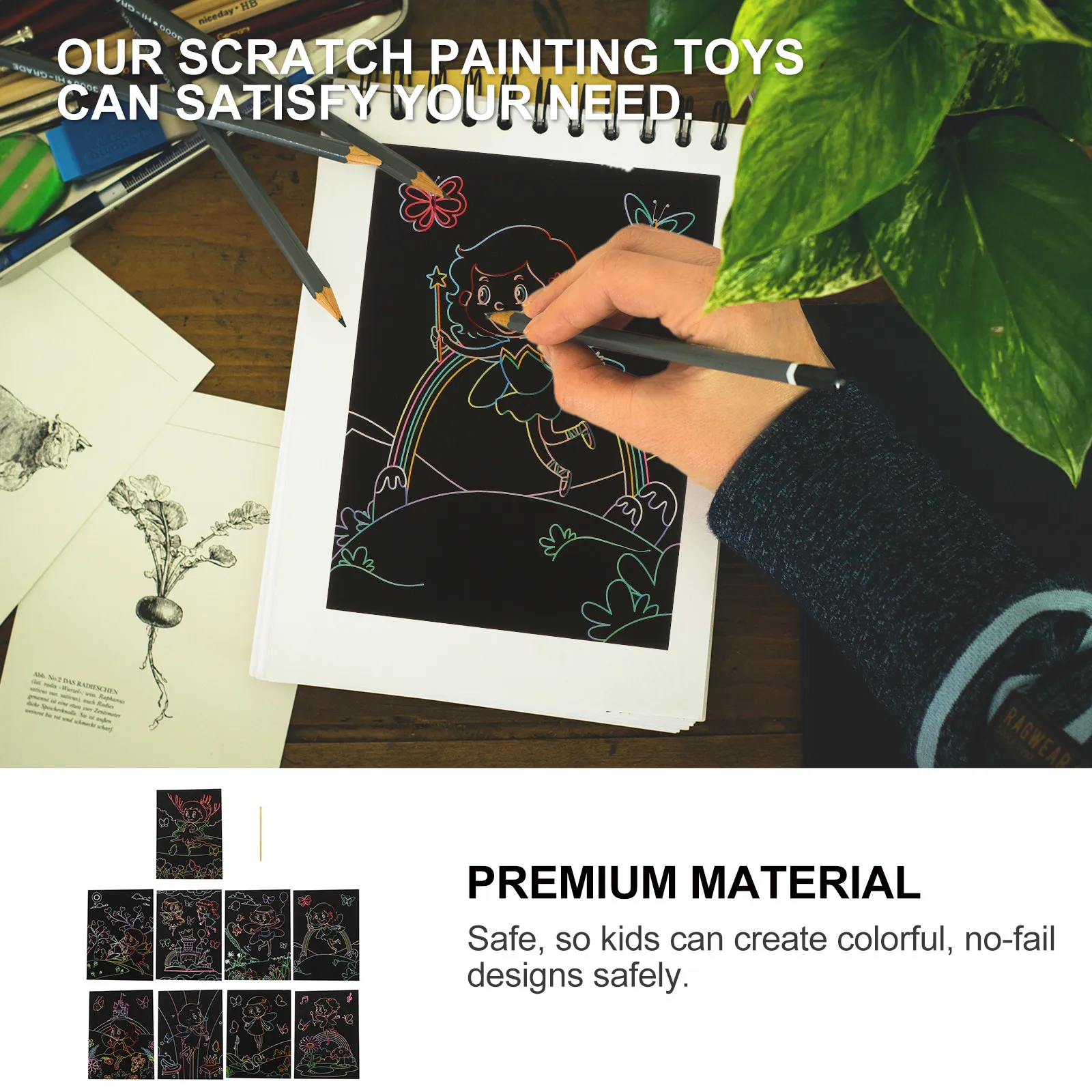 1Set Scratch Painting Paper Creative DIY Graffiti Tool Safe Scratch Off Cards Imagination Cultivation Hand-Painted Art