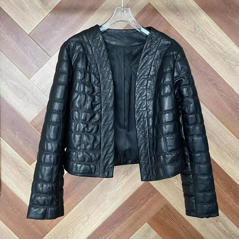 High Quality Sheepskin Coat Women Spring Short Length Lattice Pattern Genuine Leather Jacket O-Neck Collar