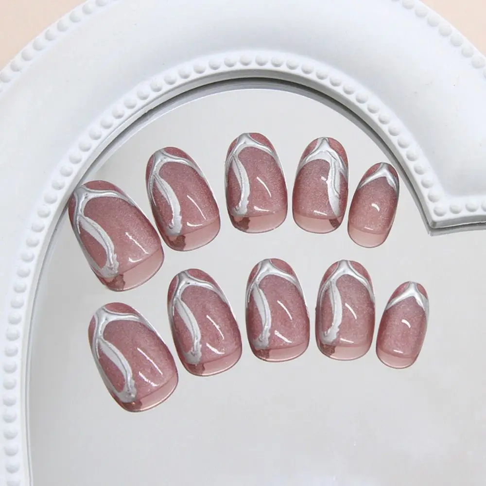 24 Uds manicura uñas postizas ovaladas cortas brillo francés ojo de gato prensa en uñas líneas metálicas irregulares desmontable falso Nials mujeres