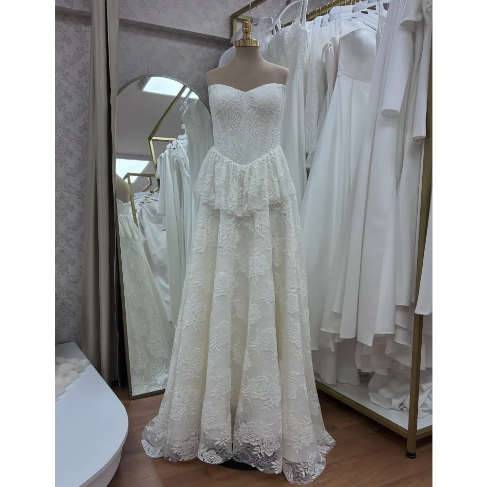 Customized Ivory White Strapless Lace Applique Ruffle A-Line Maxi Evening Dress for Women 2026 Elegant Formal Wedding Guest Gown