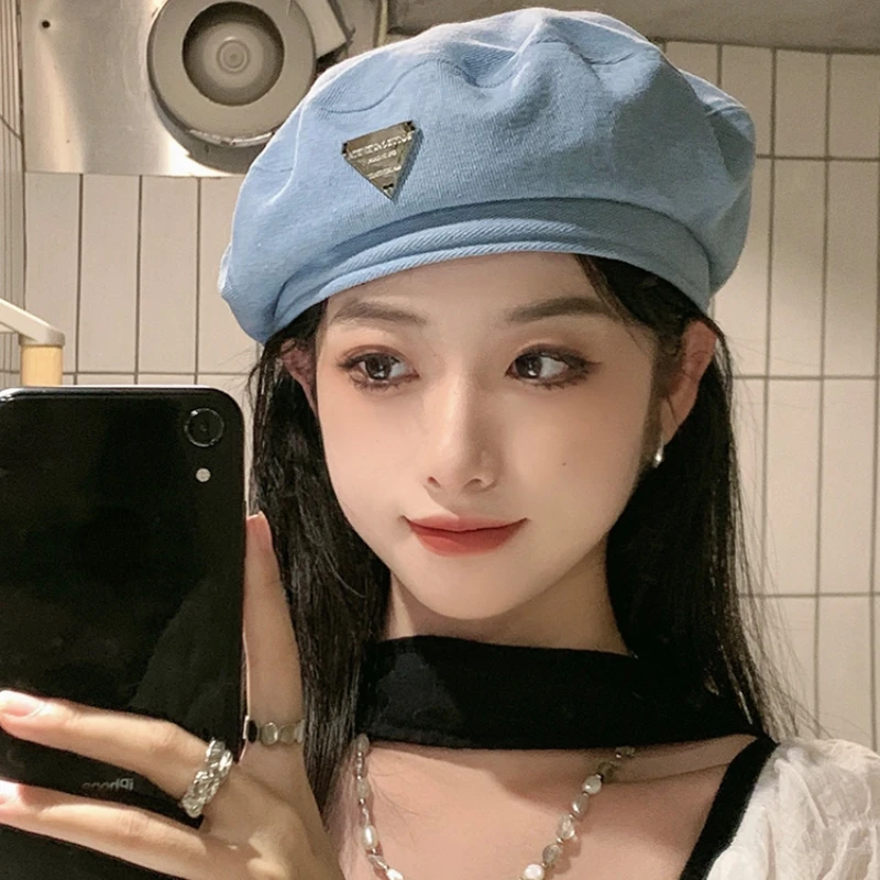 Y2K Japan Spring Summer Fashion Denim Beret Hat For Women Men Triangular Metal Logo French Painter Artist Beret Cap Gorras