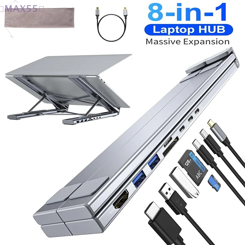 【MAX-55】6/7/8-in-1 USB-C Laptop Stand With Docking Station USB C Dock Tablet Stand Foldable Type-C Hubs Adapter Plug Play