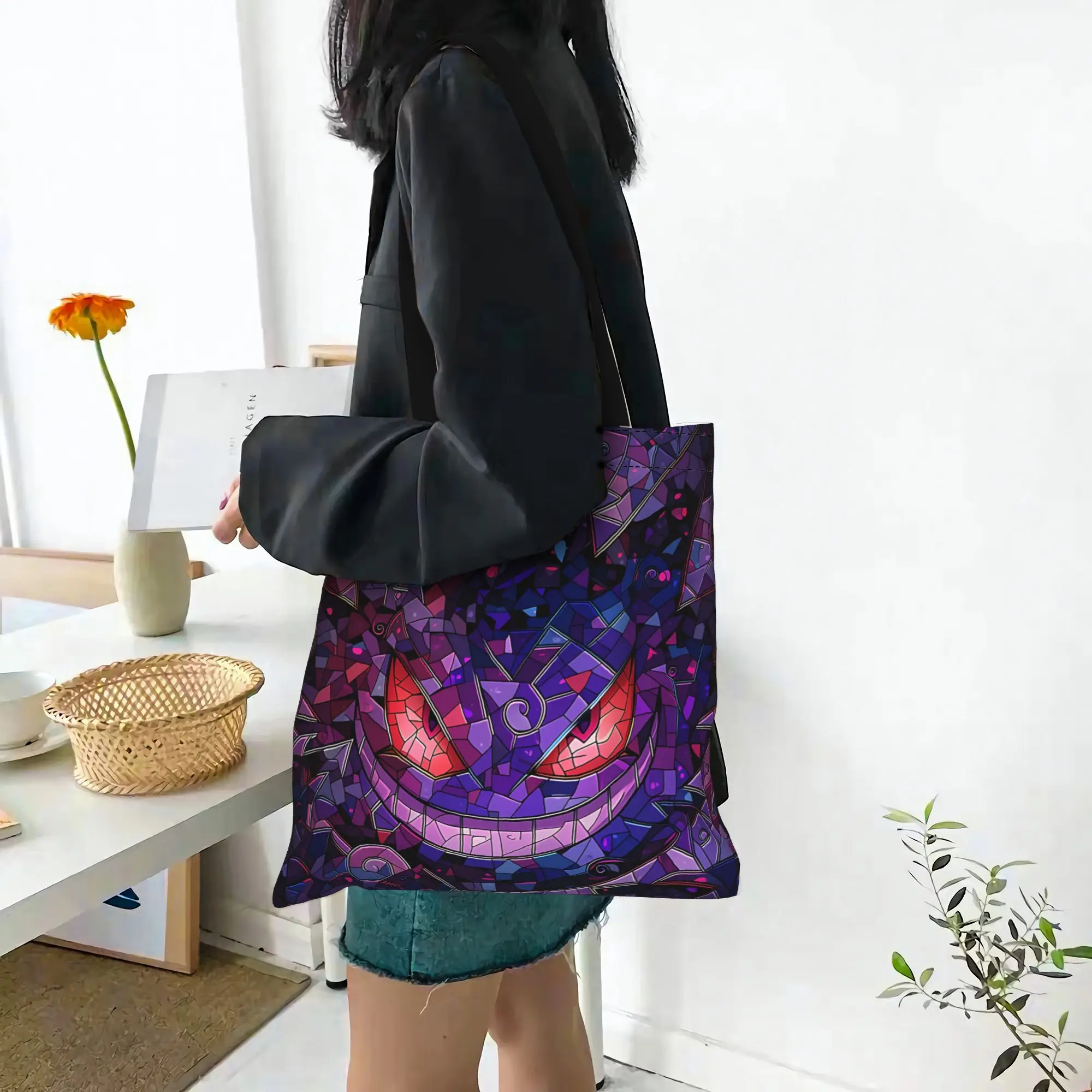 Customized Pokemon Gengar Pumpkin Halloween Women's Bag Shopping Bag Reusable Double Sided Canvas Tote Bag Shoulder  Handbag