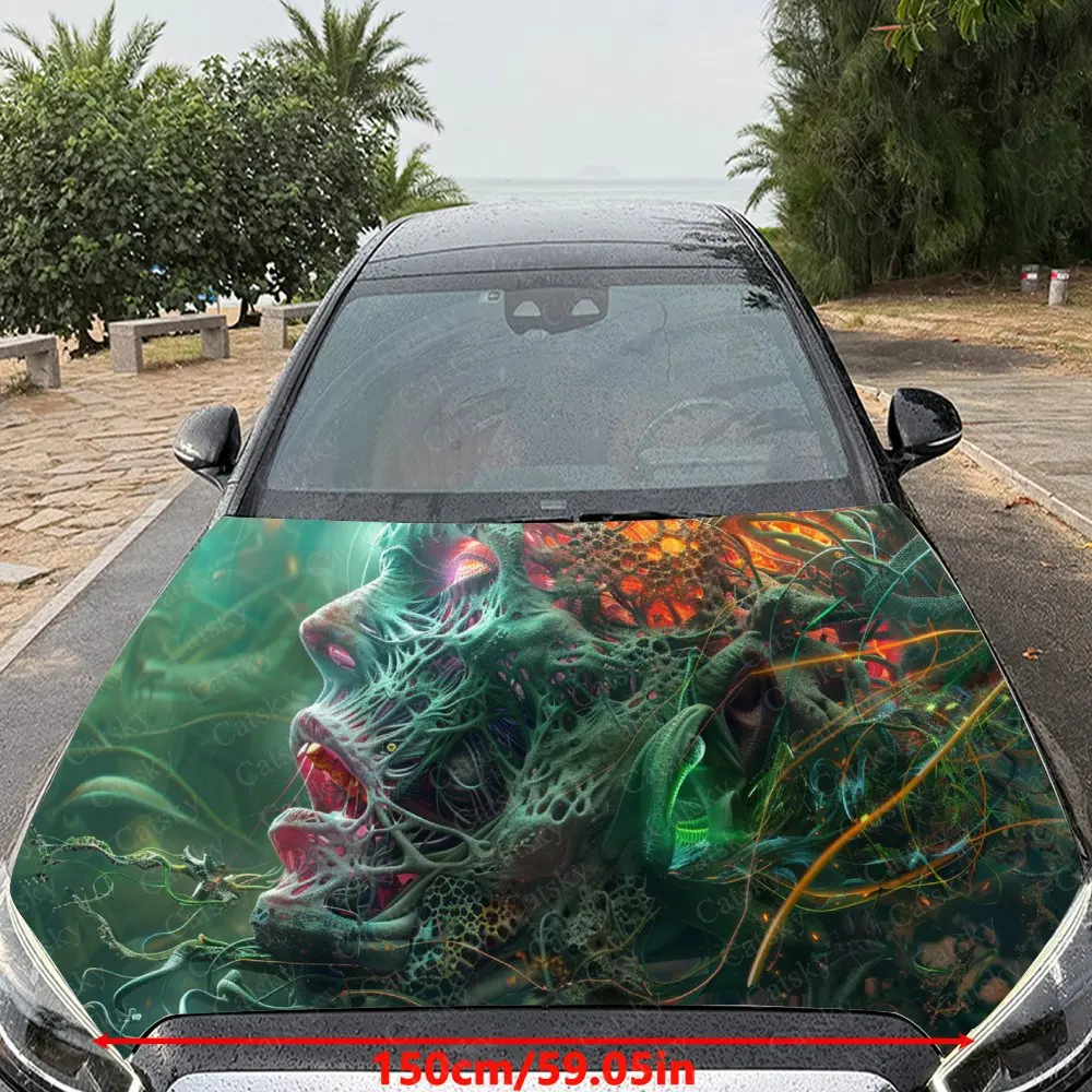 Scared Cyber Abstract Skull Car Cover Decal, Auto Hood Sticker, Waterproof and Self-adhesive Auto Vinyl Wraps, Cool Car Exterior