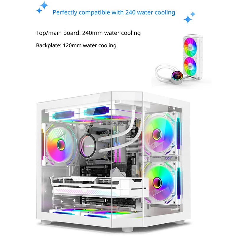 Power Train Star Realm M-ATX Desktop Case Three Sided Glass Panoramic Sea View Room Without Pillars 240 Water Cooler PC Case
