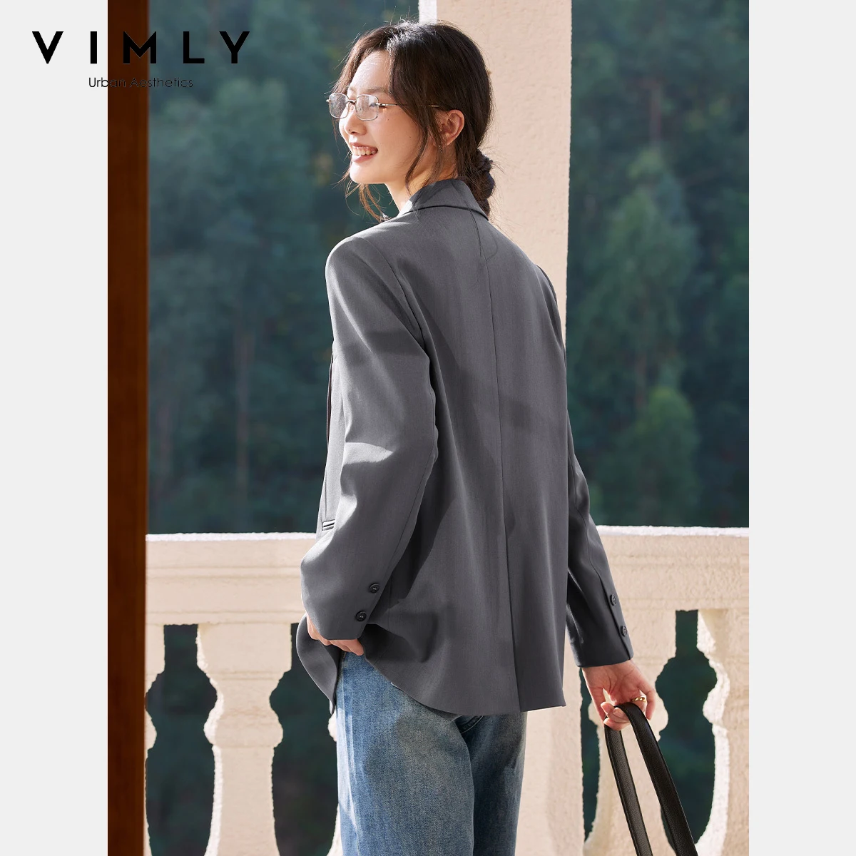 

VIMLY Elegant Women's Grey Blazers Jacket Coat Office Wear Autumn 2025 Long Sleeve Tops Casual Notched Loose Ladies Blazer A1062