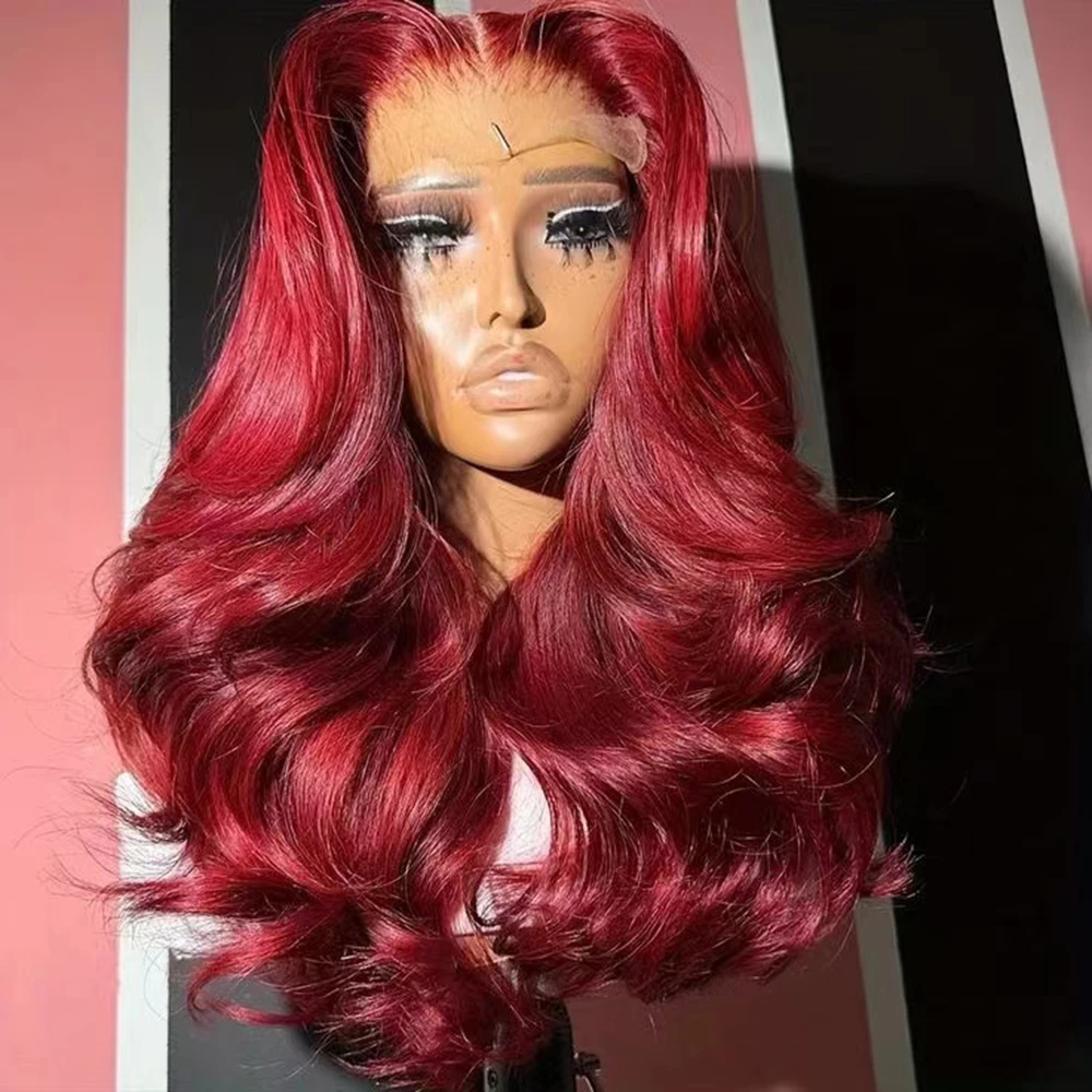 AIMEYA Red Body Wave Wig Synthetic Lace Front Wigs for Women Heat Resistant Synthetic Hair Burgundy Lace Wig Daily Used Cosplay