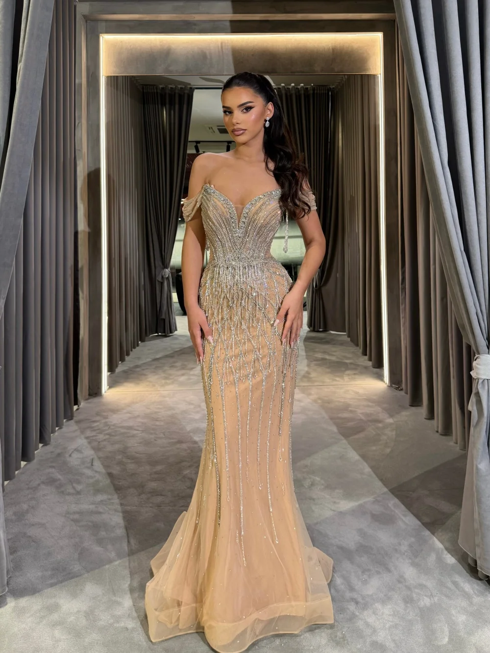 Elegant Off Shoulder Evening Dress 2026 Classic Beaded Party Gown Elegant A-line Floor Length Party Dresses فساتين سهرة 3