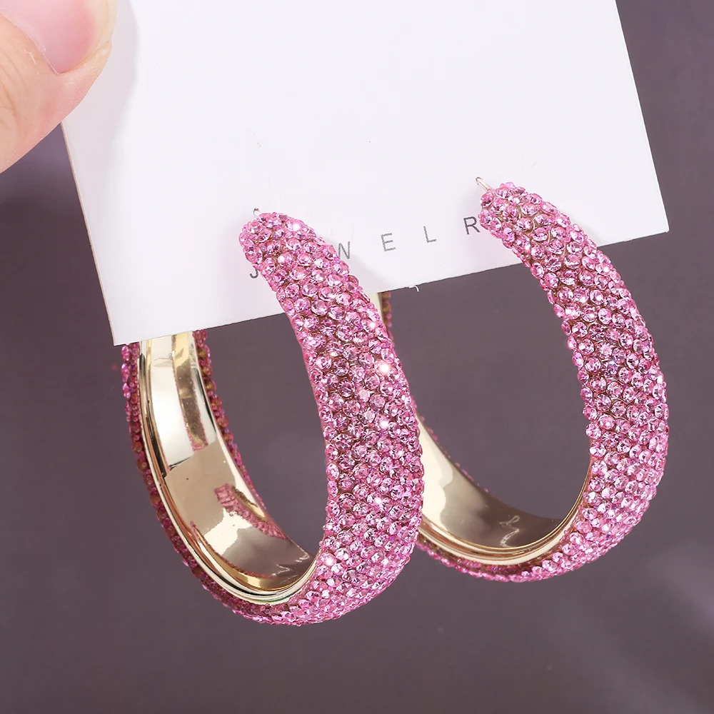 Exaggerate Shiny Rhinestones Big Hoop Earrings Geometric Round Unique Crystal Earrings Jewelry Accessories Jewelry Gifts