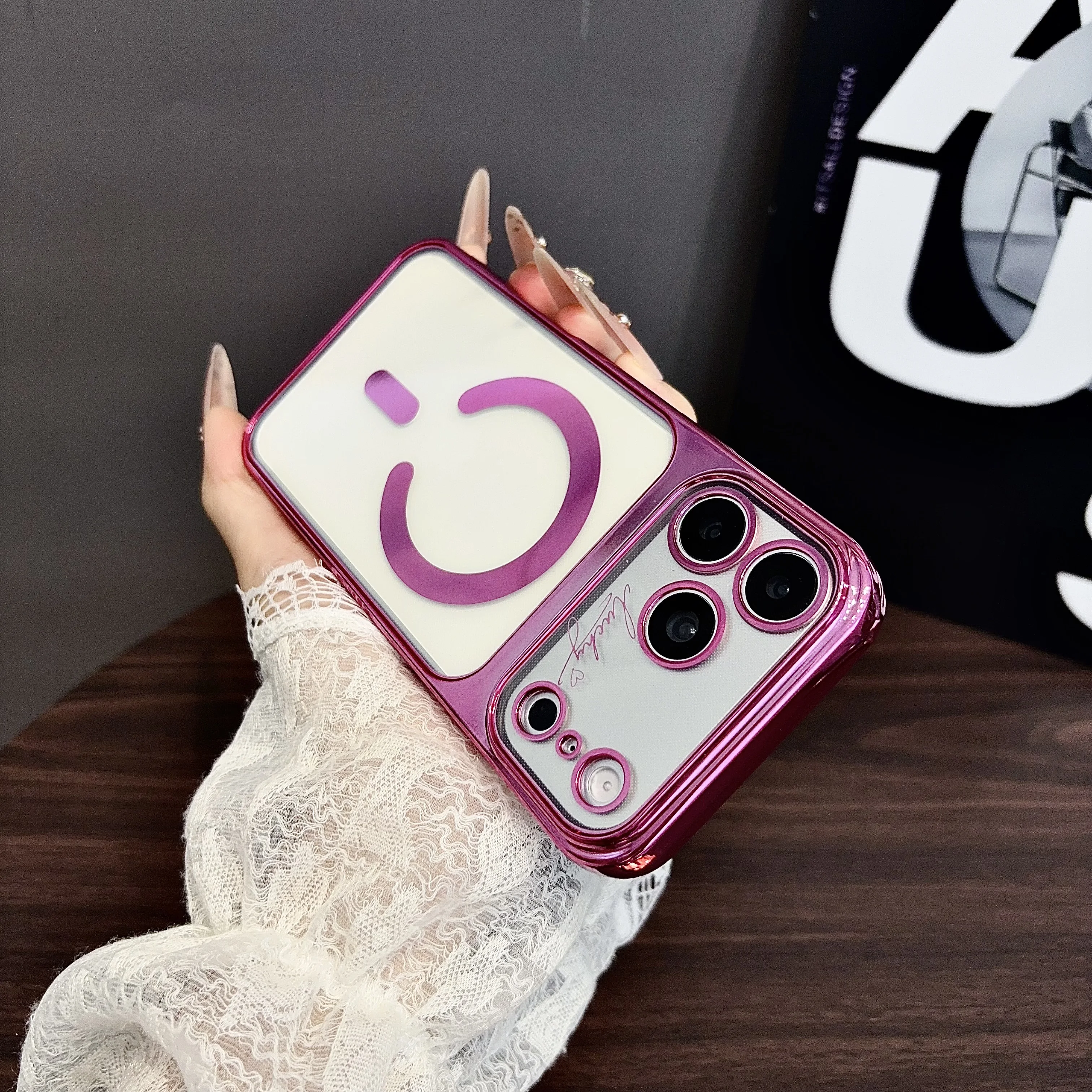 Nouvelle coque de téléphone magnétique transparente à motif de symbole d'amour de luxe pour iPhone 17Air 17 16 14 13 Pro Max 15 Plus avec grande fenêtre