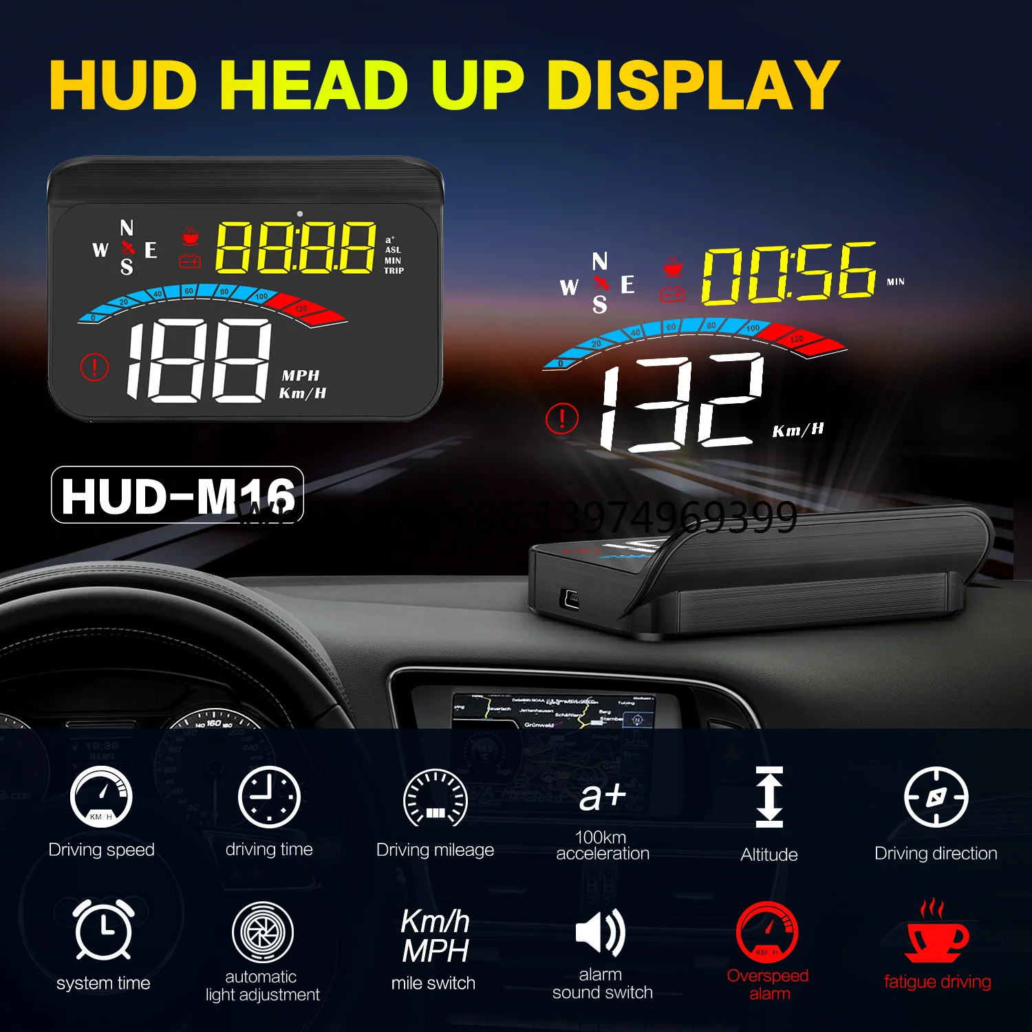 Universal M16 Smart HUD Display for Vehicles Mini Digital Car Dashboard Projector GPS Speedometer Heads-up Windshield Display