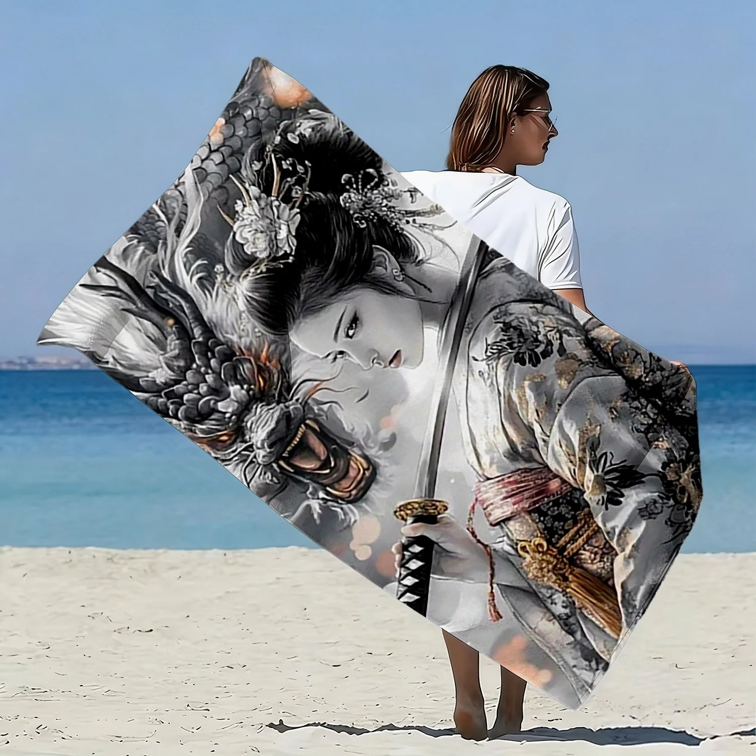 Japanese Geisha Beach Towel, Samurai Warrior with Dragon, Traditional Kimono Art, Quick Dry Microfiber, Sand Free, Unique Gift