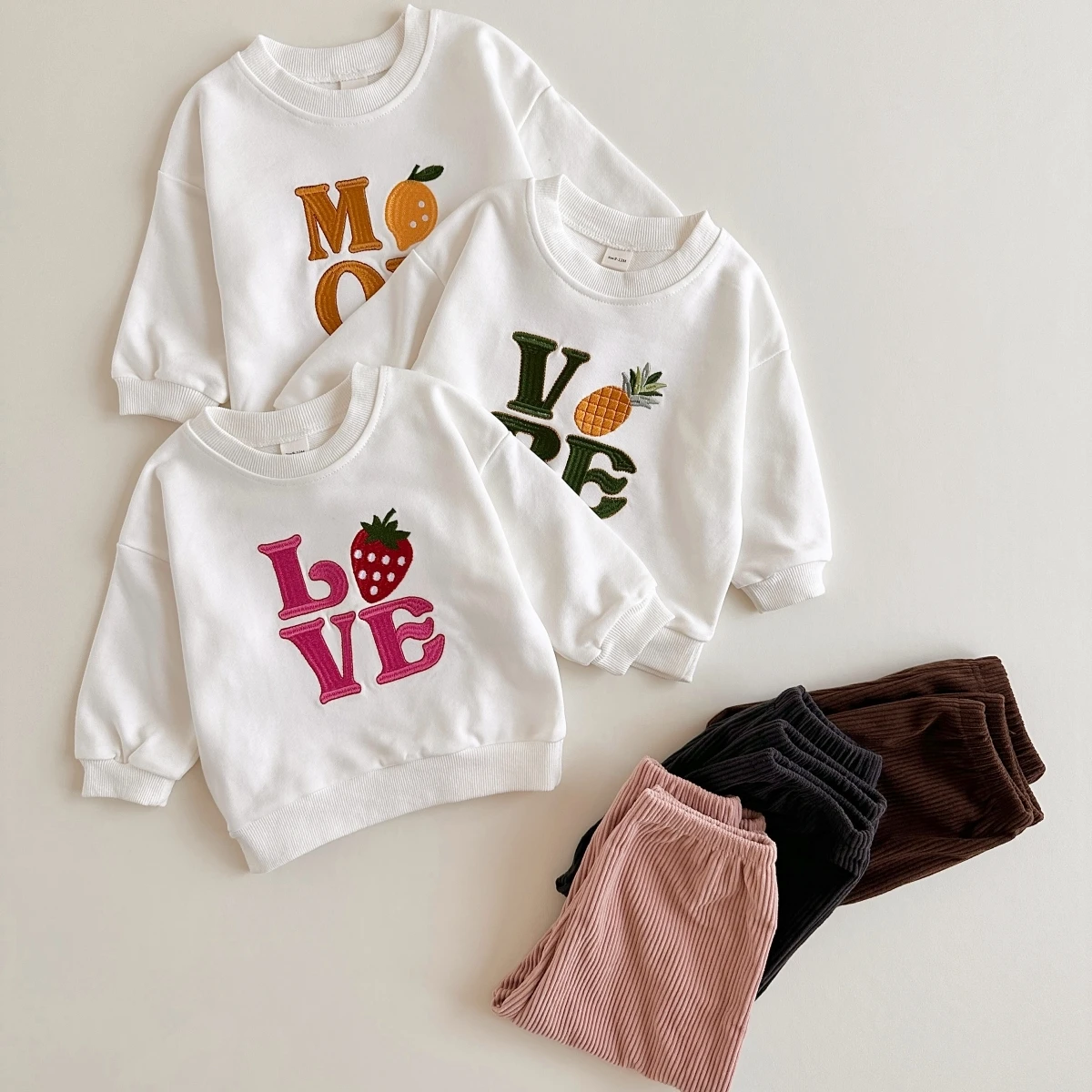 INS New Baby Clothes Set Girls Tracksuit Embroidered Fruit Sweaters+Corduroy Pants For Kids Boys Spring Autumn