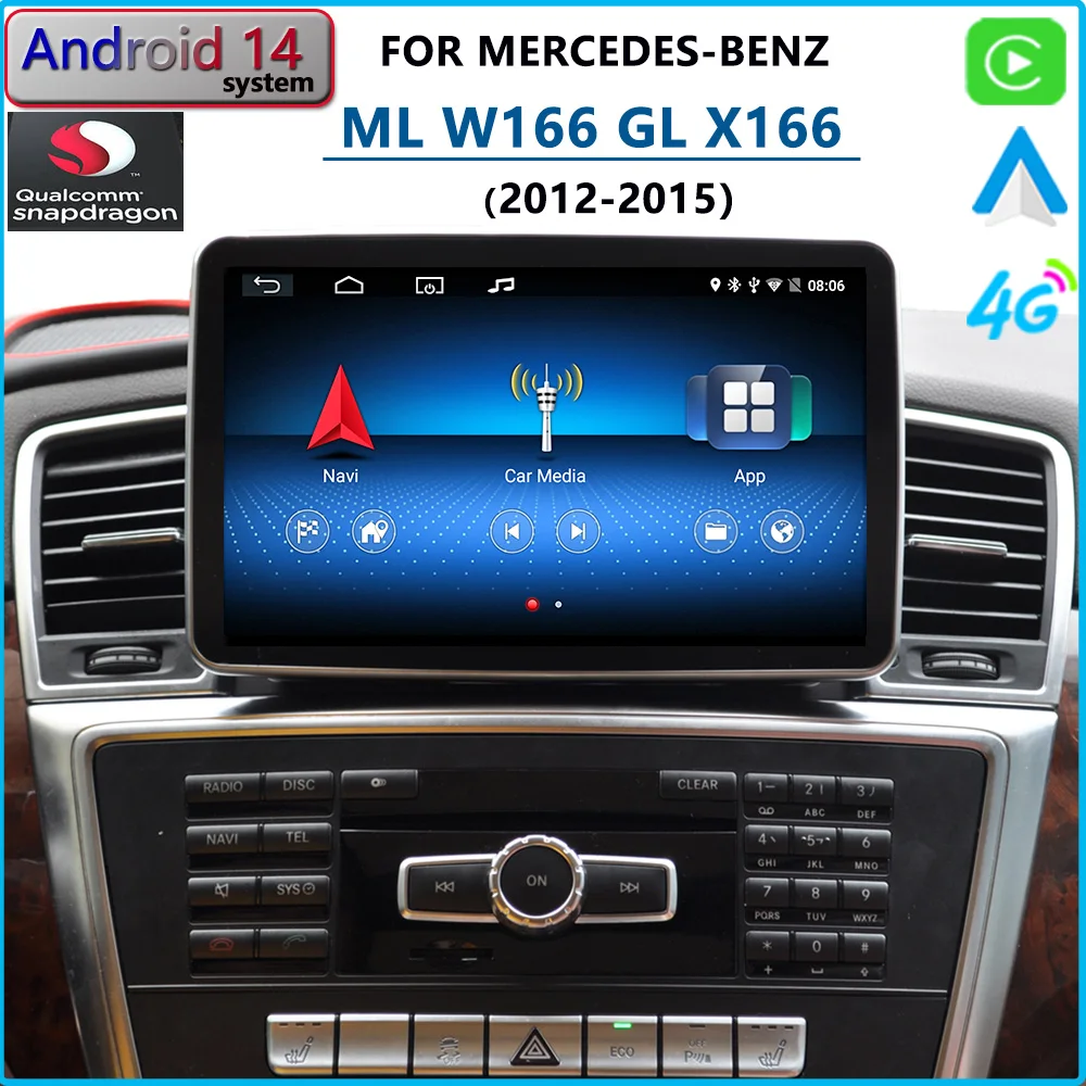 ML GL Android 14 Qualcomm For Mercedes Benz W166 X166 GL500 ML250 2012 To 2015 Car Radio CarPlay GPS Navigation Multimedia Playe