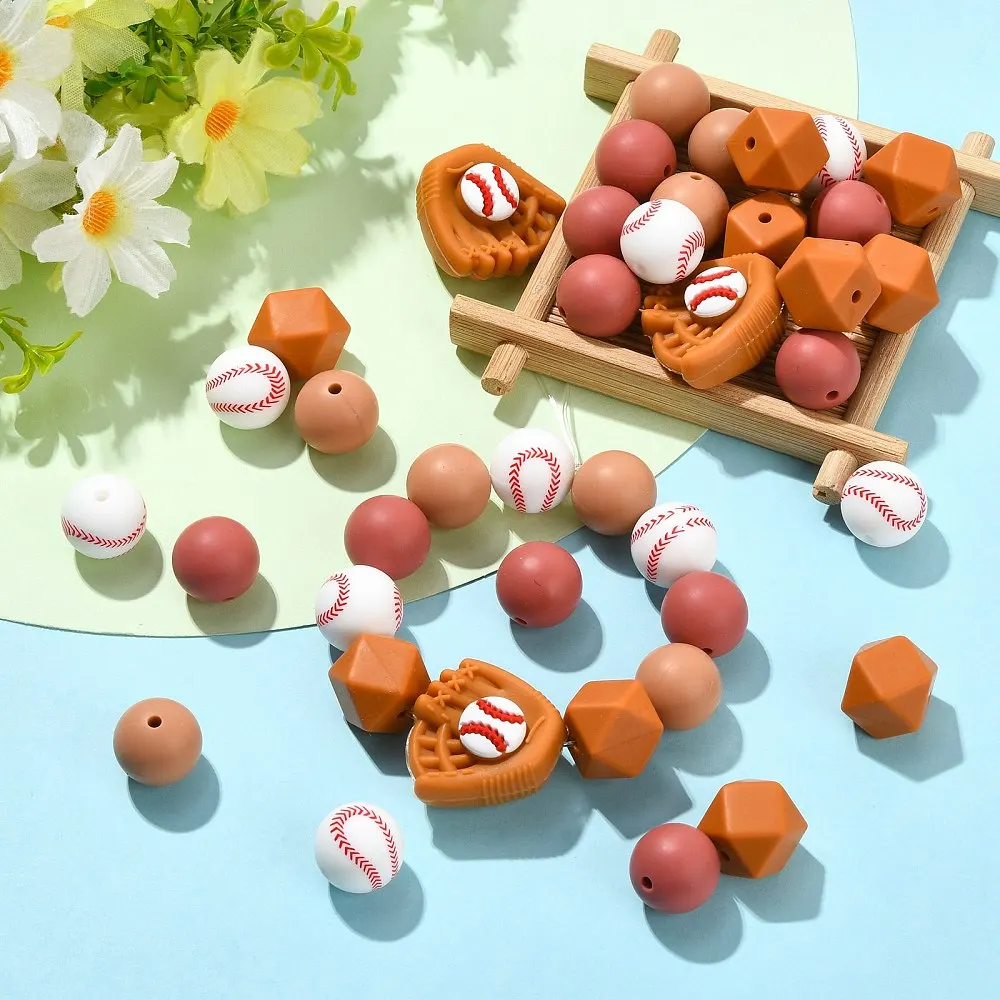 45pcs Baseball Silicone Beads Mix Baseball Glove Round Hexagon Loose Beads for DIY Bracelet Keychain Jewelry Making Handcraft