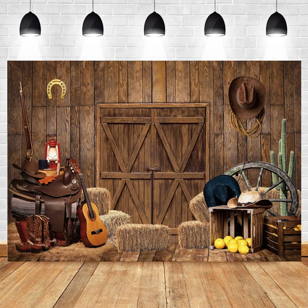 Western Cowboy Backdrop for Birthday Party Wild West Rustic Farm Barn Wooden House Kids Baby Portrait Photography Background