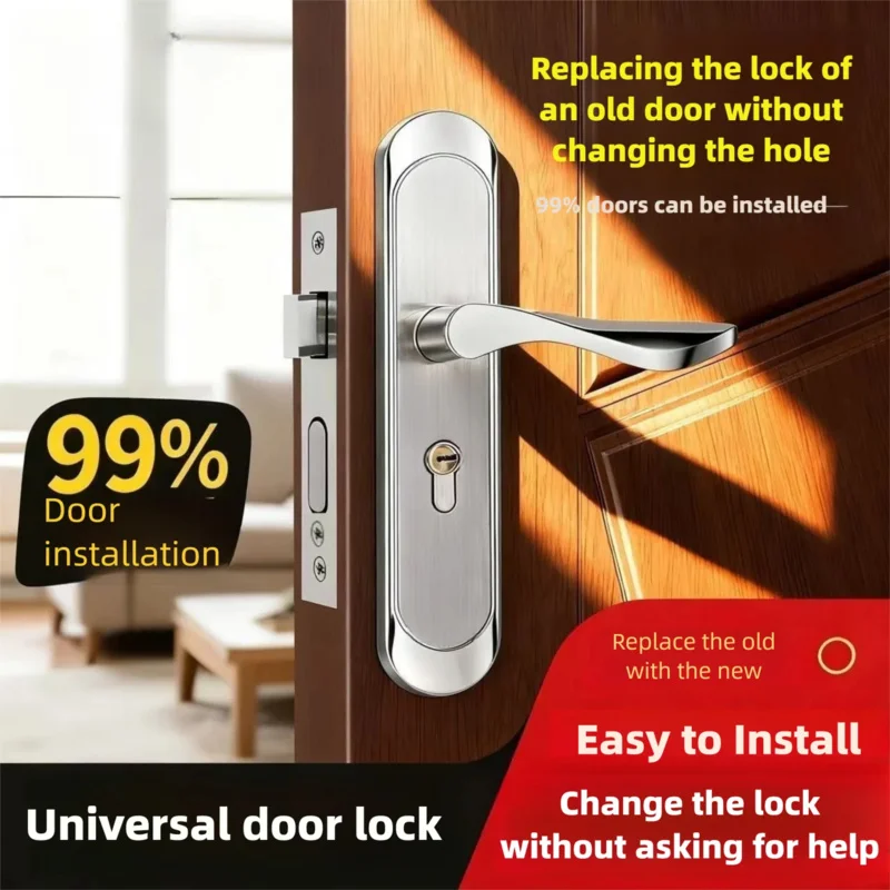 Universal Stainless Steel Indoor Door Lock Adjustable Wooden Door Handle Tamper-Free Bedroom Security for Household