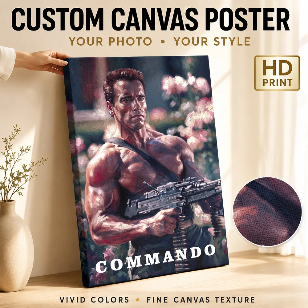 Arnold Schwarzenegger Commando Movie Canvas Poster Customized Vintage Movie Wall Paintings Decoration for Home Theater Bedroom