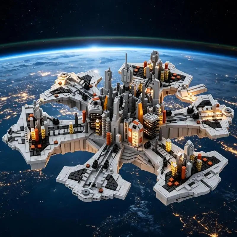 Sci-Fi City Spaceship MOC Bricks Futuristic Architecture Large Scale Model DIY Brick Kit Desktop Scene Ornament
