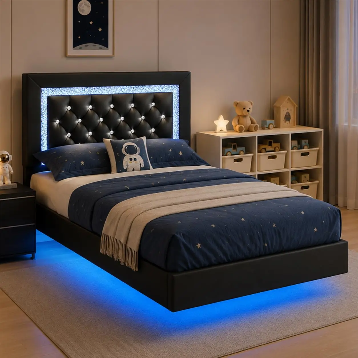 Floating Bed Frame with LED Lights, Upholstered Bed Frame Twin with Diamond Headboard, No Box Spring Needed, Noise, Custom