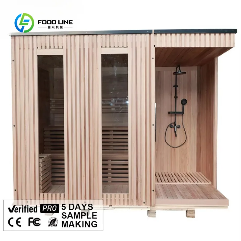 Customized Modern Design Red Cedar Outdoor Sauna Room with Comfortable Benches Shower Water-Resistant Roof for Home Villa Use