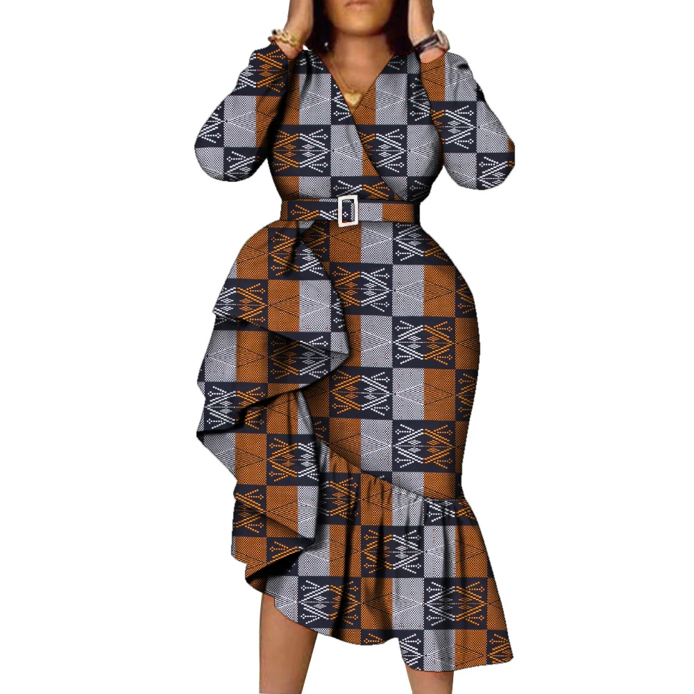 

African Long Sleeve Women's Dress Wax Printed Kitenge Design Ruffle Irregular Hemline Dresses African Women Party Clothes WY676