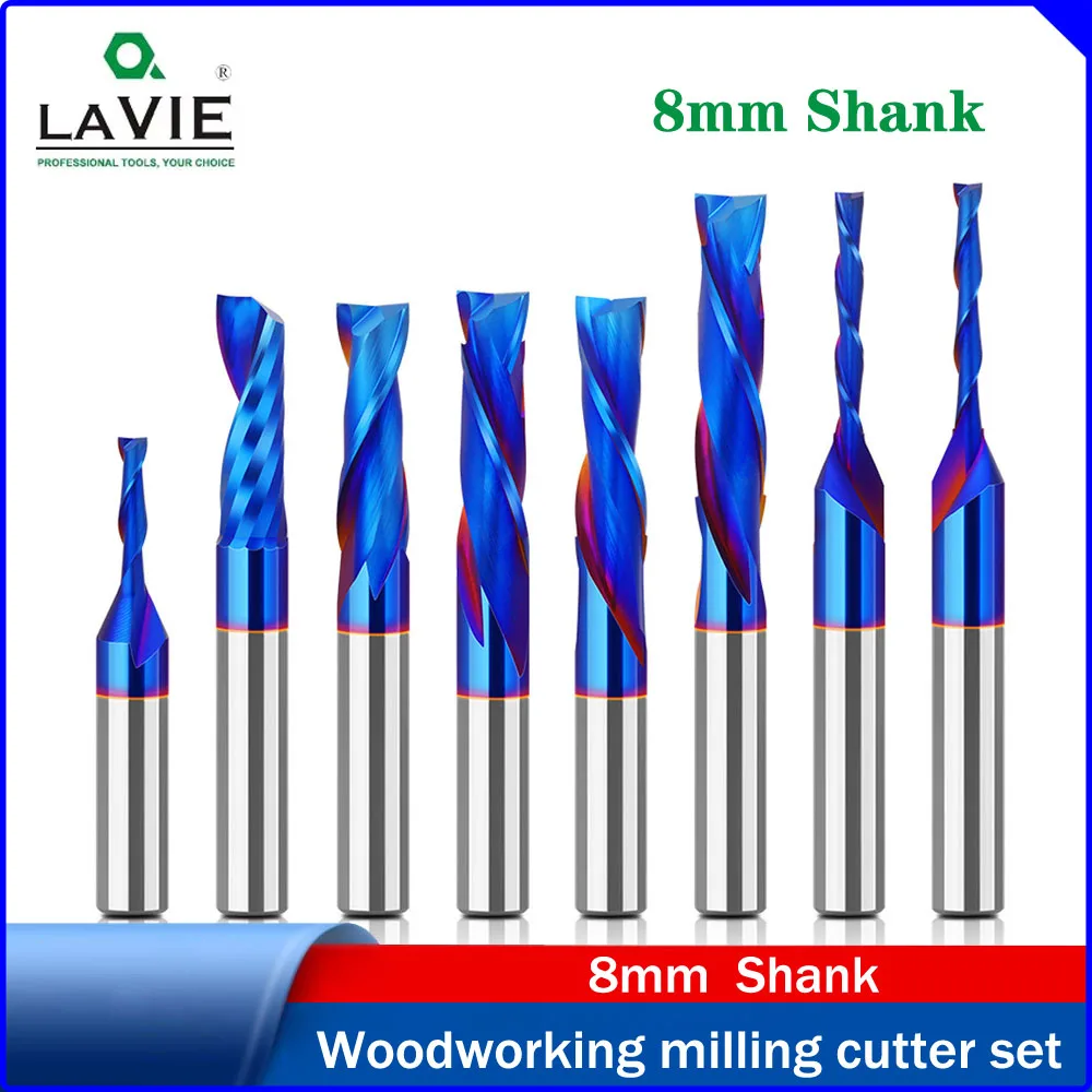 

LAVIE 8mm Shank Solid Carbide Compound Straight Router Bit,Blue Coated Upcut & Downcut Grooving Trimming Bit,Hard Alloy Woodwork