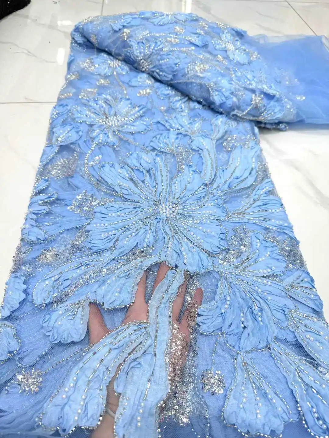 Tecido de renda africano com contas de flores 3d 2025, alta qualidade, francês, nigeriano, lantejoulas, bordado, tule, para festa, costura, sz1725