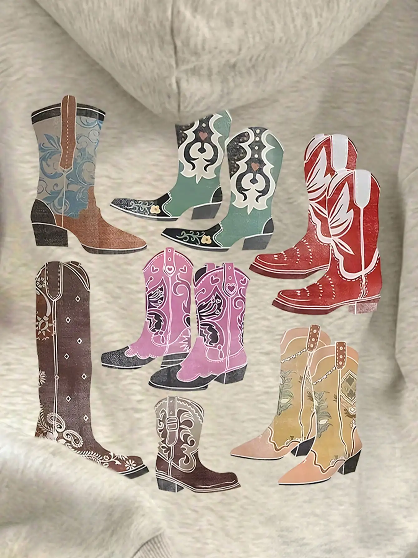 เสื้อฮู้ดพิมพ์ลายบูทสไตล์ตะวันตกสำหรับผู้หญิง เสื้อสวมหัวลำลองแบบไหล่ตกสำหรับฤดูใบไม้ร่วง กลับไปโรงเรียน และงานรับปริญญา