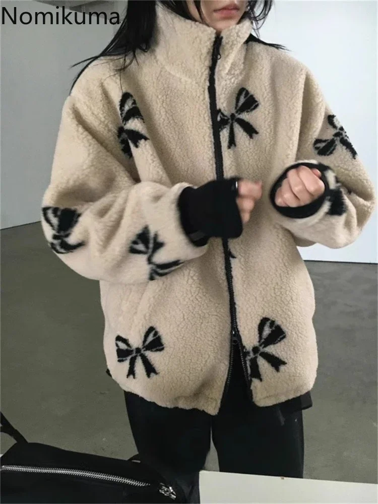 Streetwear Chic Lamb Wool Jacket Women Winter Clothing Stand Neck Zipper Outwear Y2k Tops Korean Fashion Print Casual Warm Coats