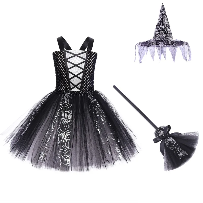 Girls' Witch Tutu Dress Halloween Stage Costume Set, Includes Spider Web Hat and Broom, Witch Outfit for Kids Carnival Party
