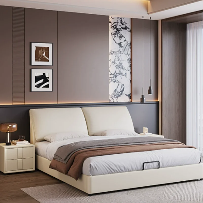 

Wooden European Double Bed King Simple Beige Luxury Storage King Size Bed Pliable Modern White Cama Casal Bedroom Furniture