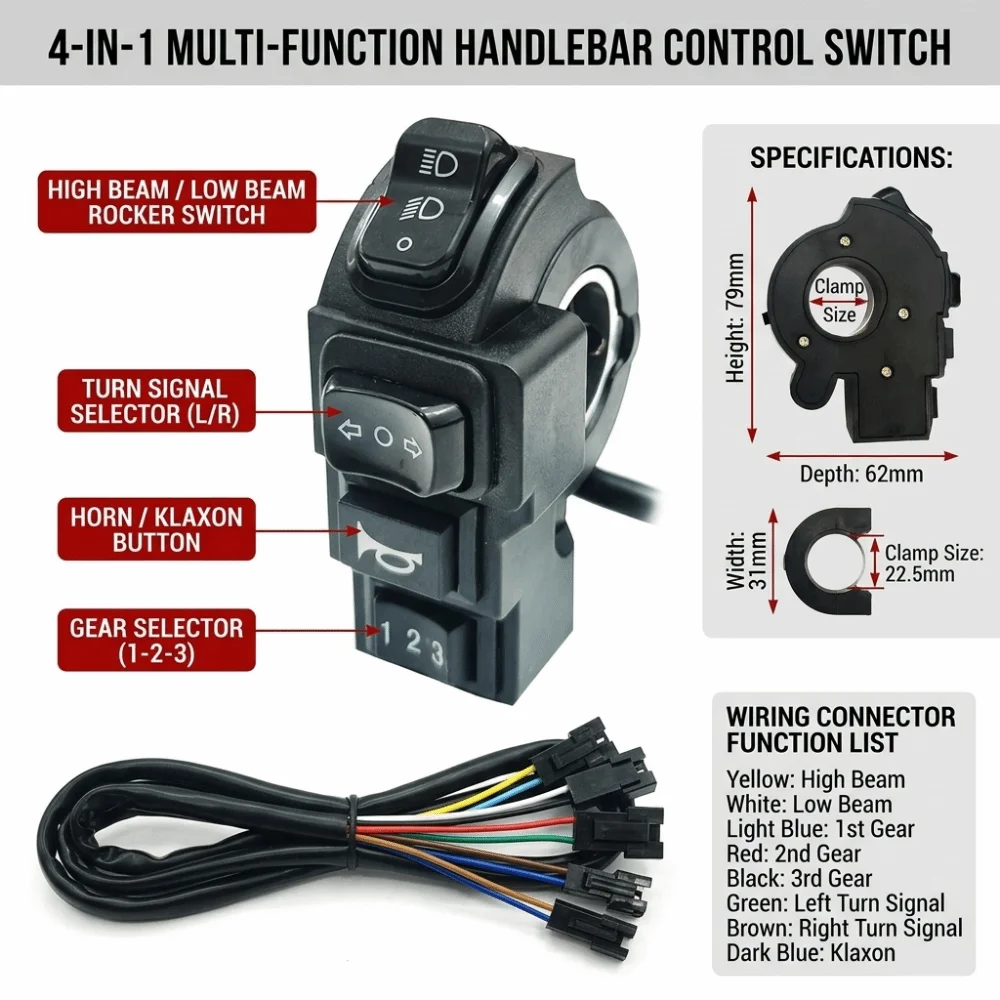 4-in-1 Headlamp Control Switch Horn Turn Signal Motorcycle Handlebar Switch Multi Functional 9 Pin SM Connector