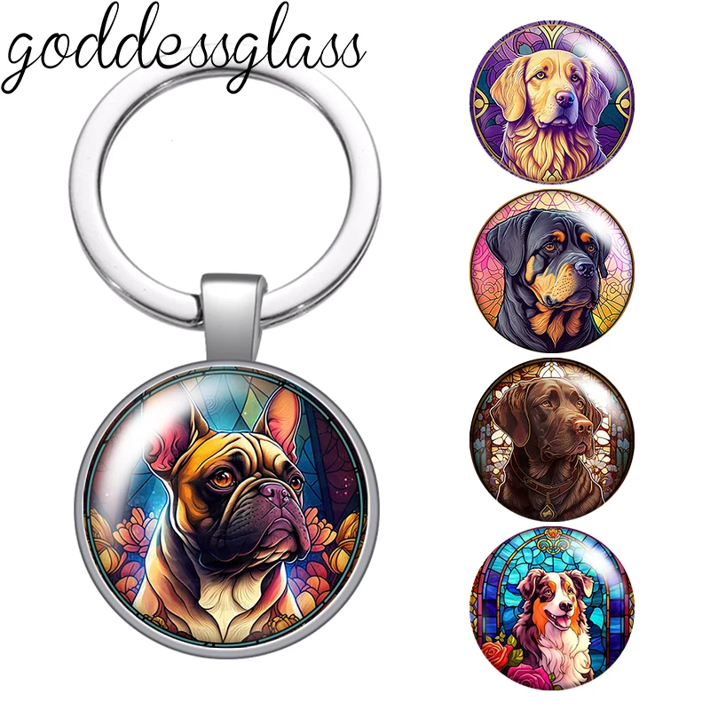 New Dog painting style Pet Bulldog collie Photo glass cabochon keychain Bag Car key chain Ring Holder Charms keychains for Gifts