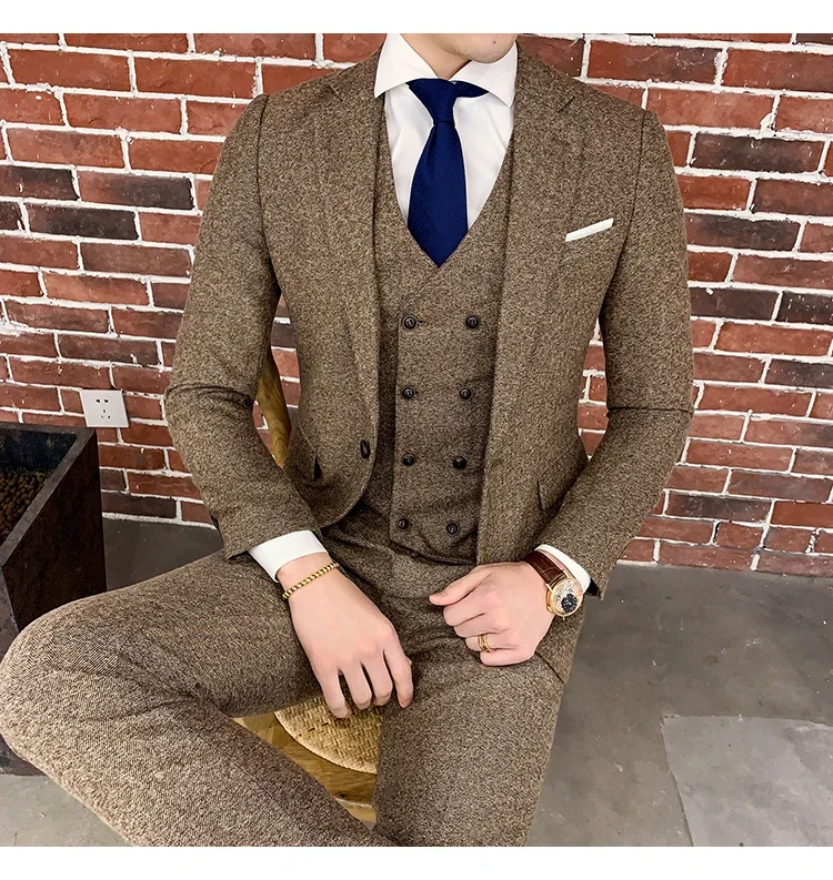 

High Quality Men Suit Slim Fashion Banquet Groom Single Button (Jacket+Vest+Pants) Business Handsome Leisure Suits Three Pieces