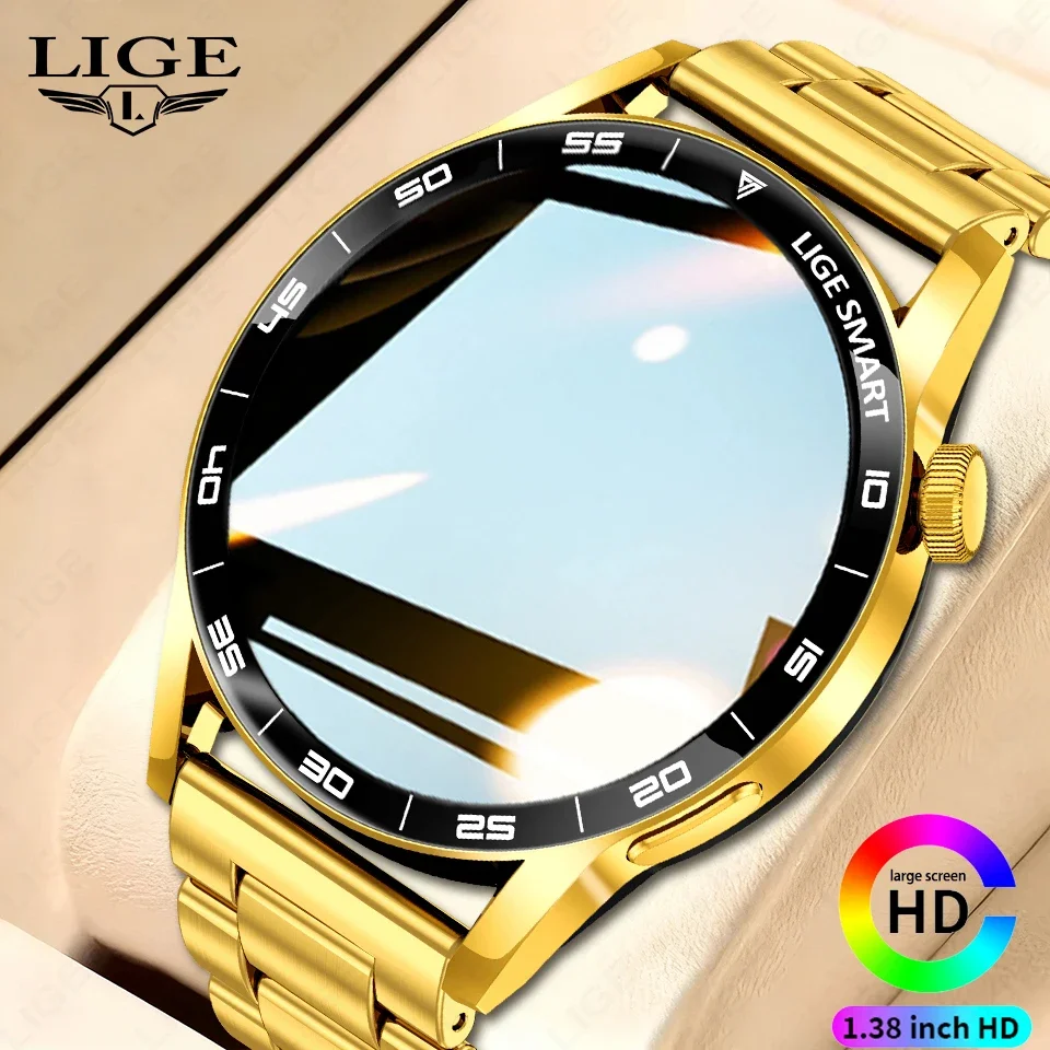 LIGE 2026 Neue Smartwatch für Herren mit goldenem Metallarmband, Bluetooth-Anruffunktion, Herzfrequenz- und Schlafüberwachung, Sport- und Fitness-Smartwatch für Android und iOS