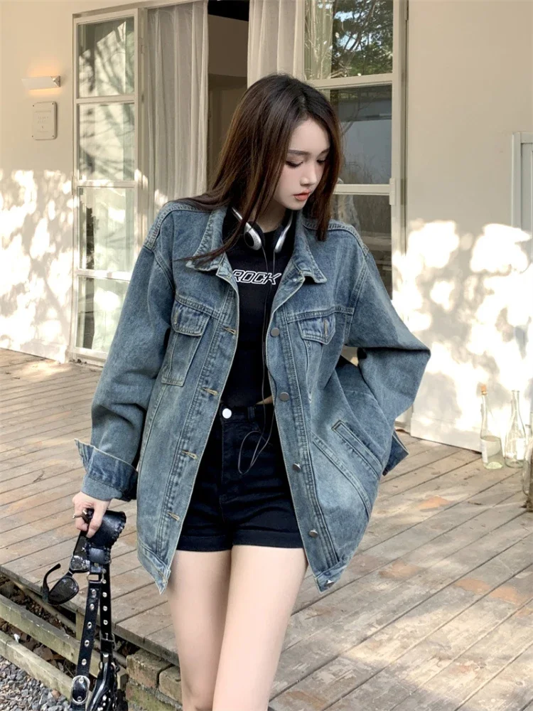 سترات الدنيم النسائية خمر BF معطف الخريف شارع العليا الشهيرة سيدة الكورية الموضة العصرية الشارع الشهير Y2k أبلى الجمالية Ins #5