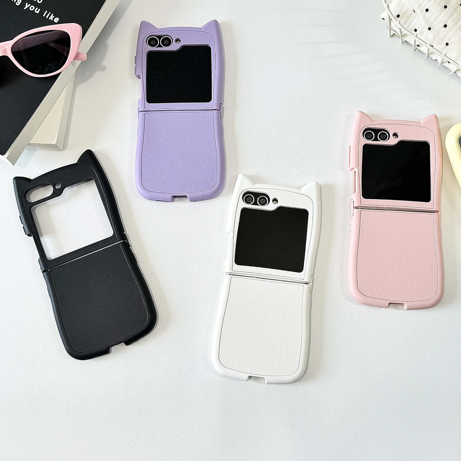 Lovely Cat Ear Cover For Samsung Galaxy Z Flip 6 Luxury Leather Case Bumper For Samsung Z Flip 5 flip 7 4 Cute Pure Color Cases