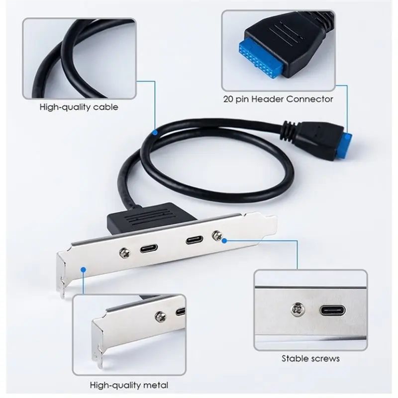 B48A Front Panel Header USB 3.0 19/20 Pin Male To 2 USB-C Female Chassis Back Panel Extension Cable With Mounting Bracket Port
