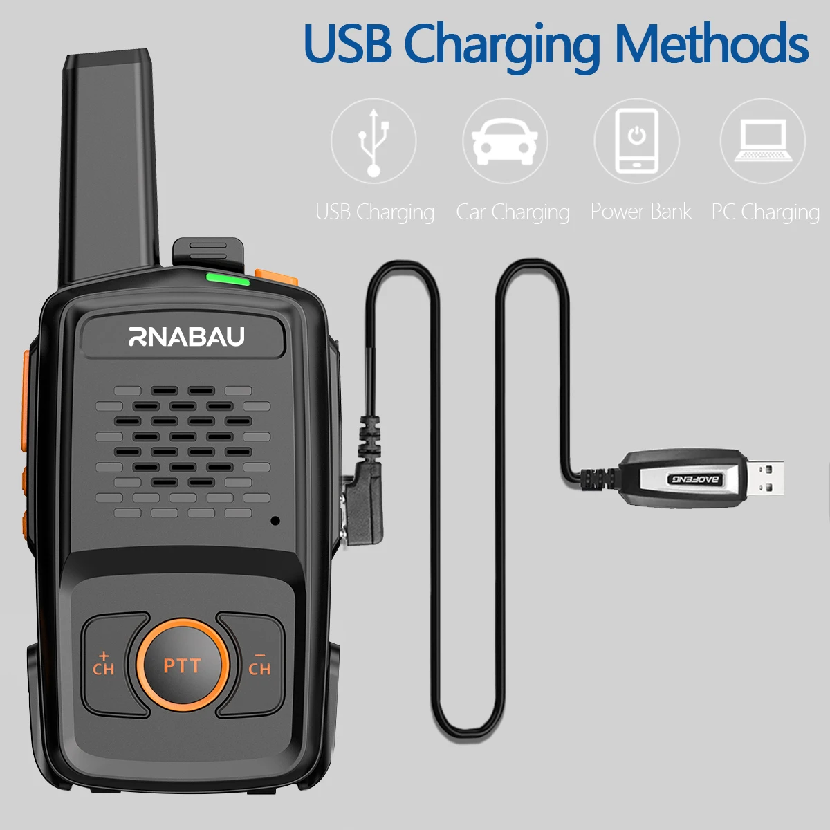 Rnabau MT-N1 Mini Walkie Talkie - 16 Canales UHF 400-470MHz, Carga USB, Radio Bidireccional Compatible con Baofeng