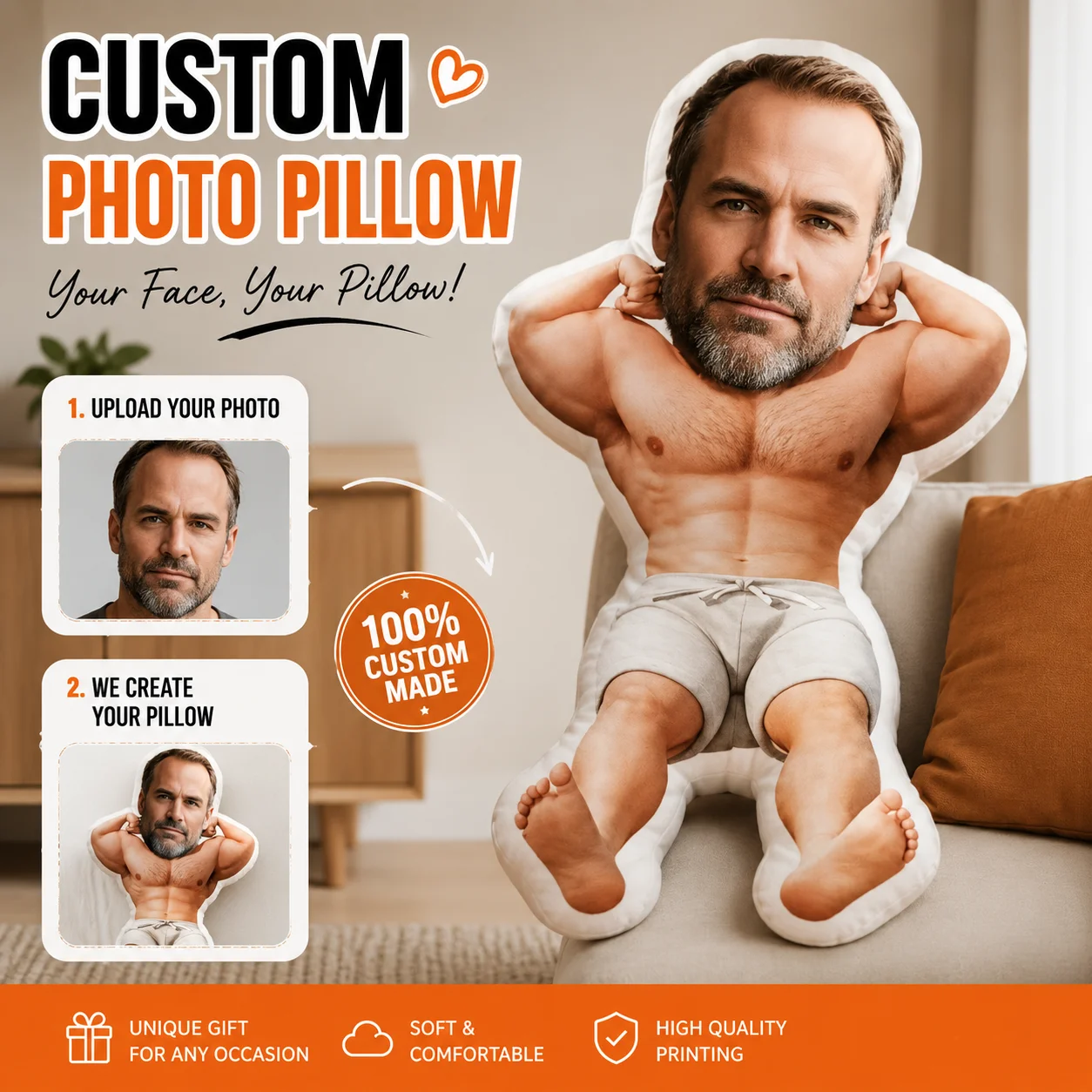 Customized Muscle-Shaped Body Pillow, Casual Style Muscle Man Home Decor Cushion, Unique Birthday Gift, Suitable for Giving to Friends or Partners, Digitally Printed Adult Novelty Pillow--Multifunctional All-Season Pillow